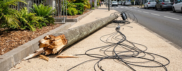 Poteau en bois sectionné et câbles électriques étalés sur un trottoir urbain